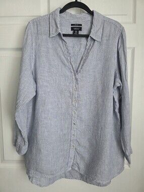 Jones New York Striped 100% Linen Button Up Shirt Plus Size 1X Coastal Classic